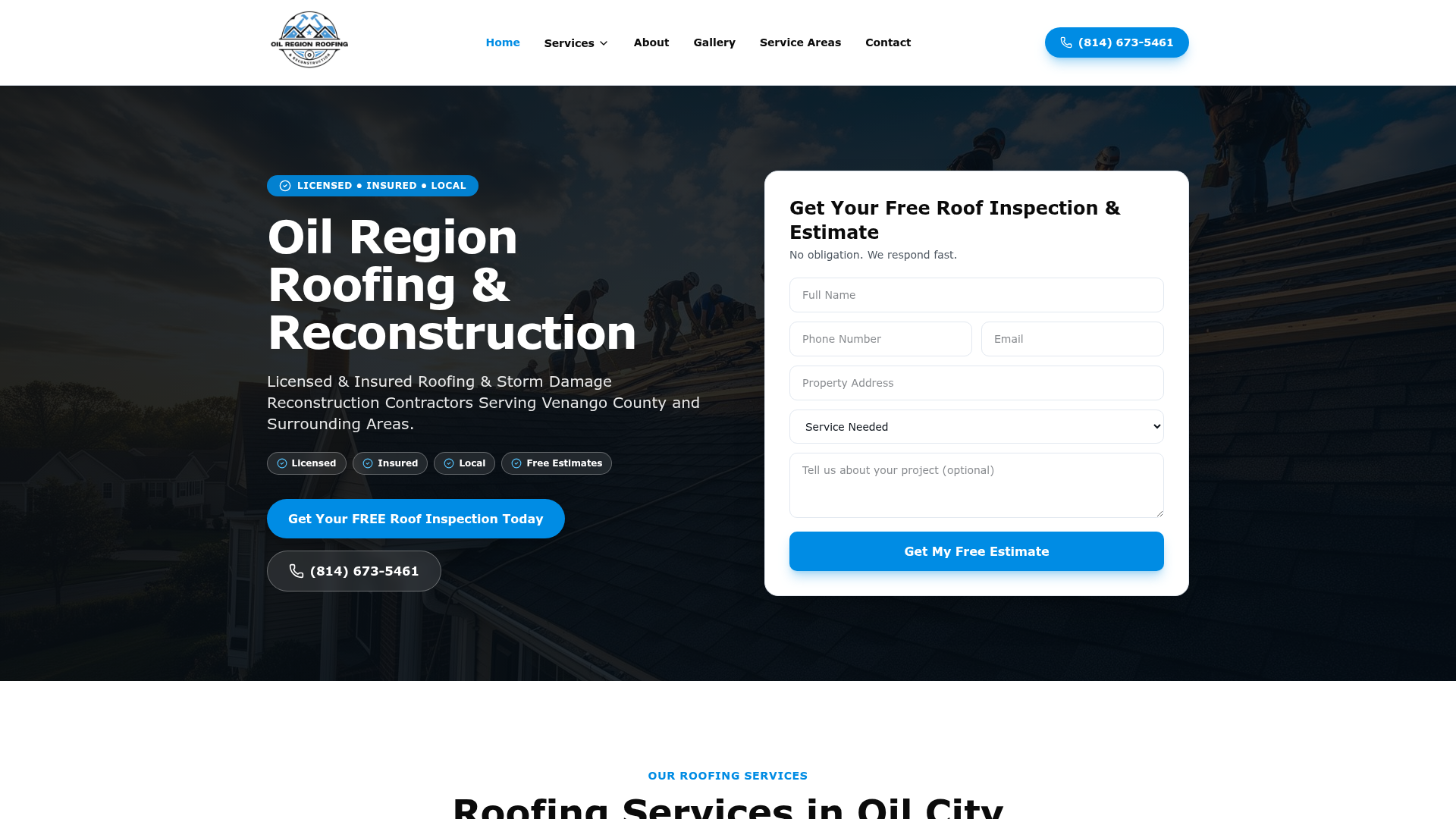 Oil Region Roofing website screenshot