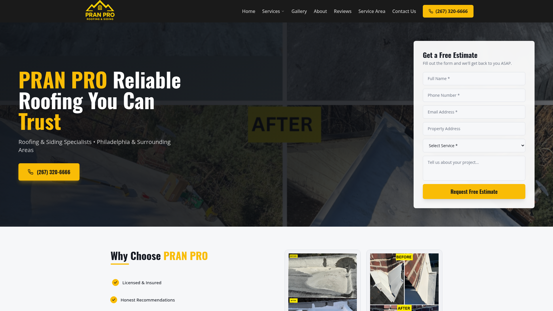 PRAN PRO Roofing website screenshot